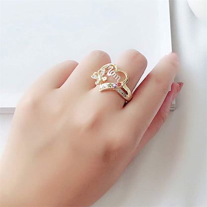 Mother'S Day Gift Hollow Heart English Letter Love Mom Rhinestone Butterfly Finger Ring Jewelry Gift