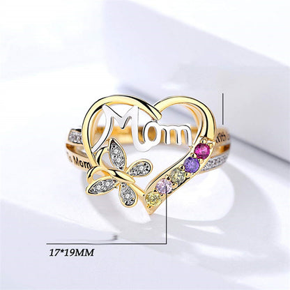 Mother'S Day Gift Hollow Heart English Letter Love Mom Rhinestone Butterfly Finger Ring Jewelry Gift