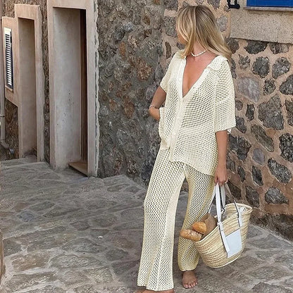 Suimsuit Cover up Beach 2025 Knitted Hollow Out Cardigan Top Straight Pants Sets Mesh High-Waist Bottoms Suit Sexy Streetwear
