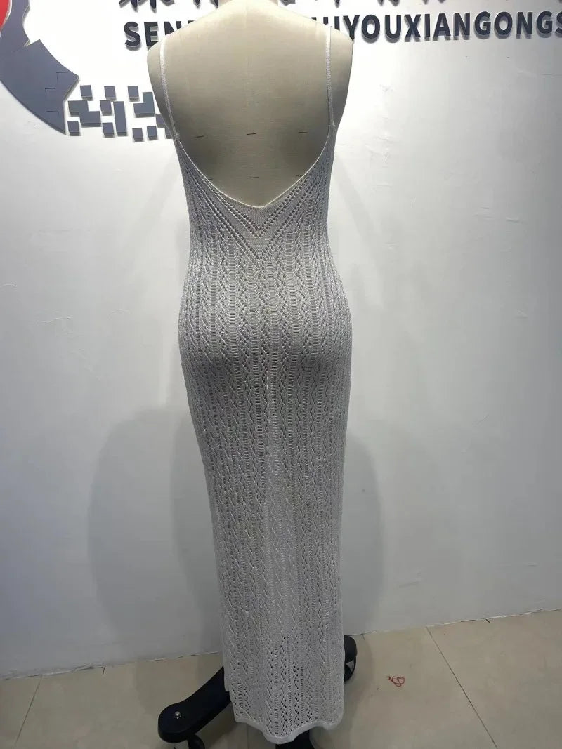 2025 Summer Women Hollow Out Knitted Maxi Beach Dress Sexy Spaghetti Straps Backless Vacation Swimsuit Cover Ups Long Robe