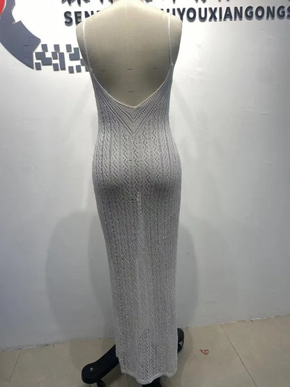 2025 Summer Women Hollow Out Knitted Maxi Beach Dress Sexy Spaghetti Straps Backless Vacation Swimsuit Cover Ups Long Robe