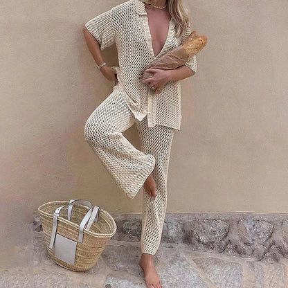 Suimsuit Cover up Beach 2025 Knitted Hollow Out Cardigan Top Straight Pants Sets Mesh High-Waist Bottoms Suit Sexy Streetwear