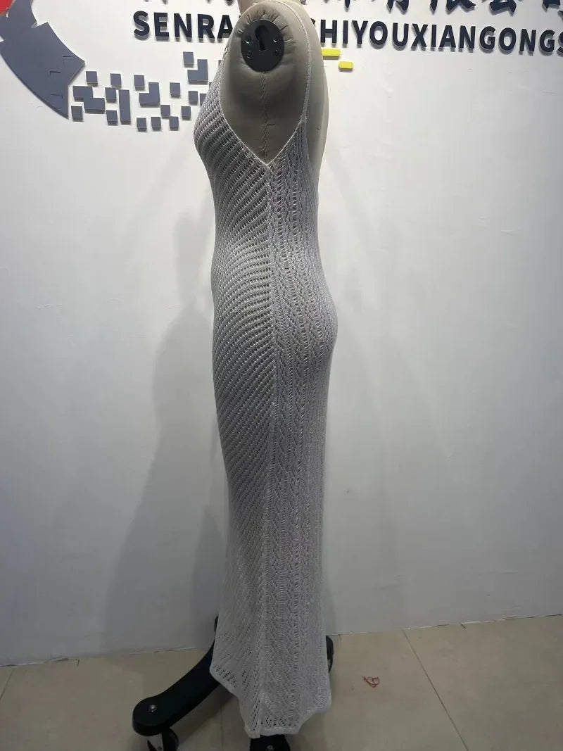 2025 Summer Women Hollow Out Knitted Maxi Beach Dress Sexy Spaghetti Straps Backless Vacation Swimsuit Cover Ups Long Robe