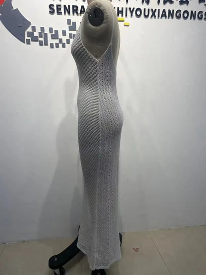 2025 Summer Women Hollow Out Knitted Maxi Beach Dress Sexy Spaghetti Straps Backless Vacation Swimsuit Cover Ups Long Robe