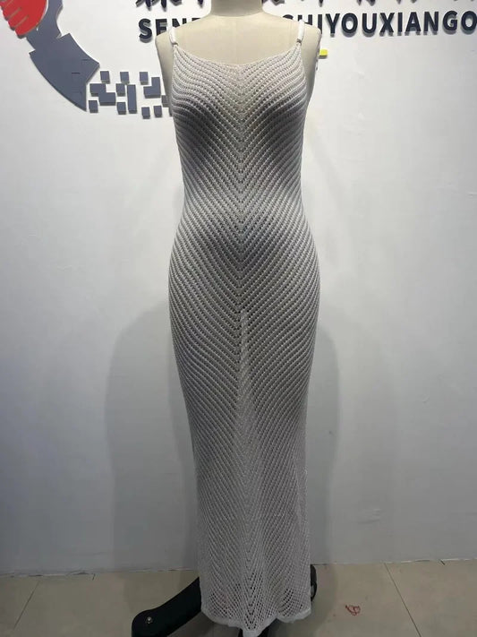 2025 Summer Women Hollow Out Knitted Maxi Beach Dress Sexy Spaghetti Straps Backless Vacation Swimsuit Cover Ups Long Robe