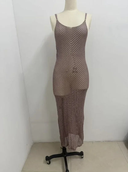 2025 Summer Women Hollow Out Knitted Maxi Beach Dress Sexy Spaghetti Straps Backless Vacation Swimsuit Cover Ups Long Robe