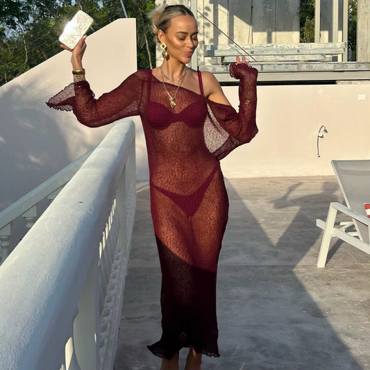 2024 Bikini Cover-Ups Knitted Sexy See through Bodycon Maxi Dress Women Summer Long Sleeves Beach Cover up Backless Beachwear